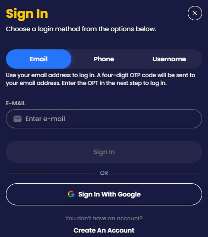 Bubbles Bet sign-in form with email, phone and username login options